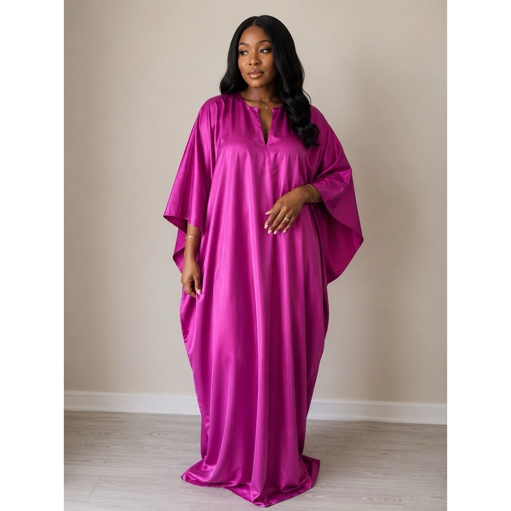 Monaya KIKI Fuchsia Kaftan One Size Fits All Satin Shimmer Maxi Dress - Picture 9 of 9